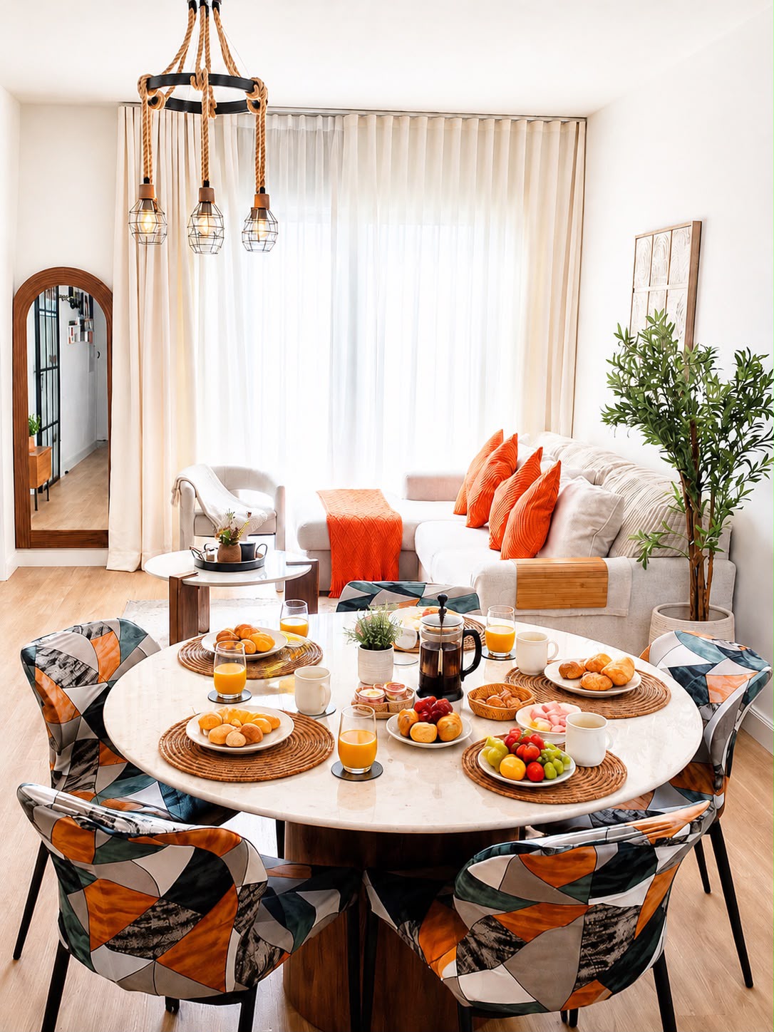 Open-plan dining and living area prepared for breakfast