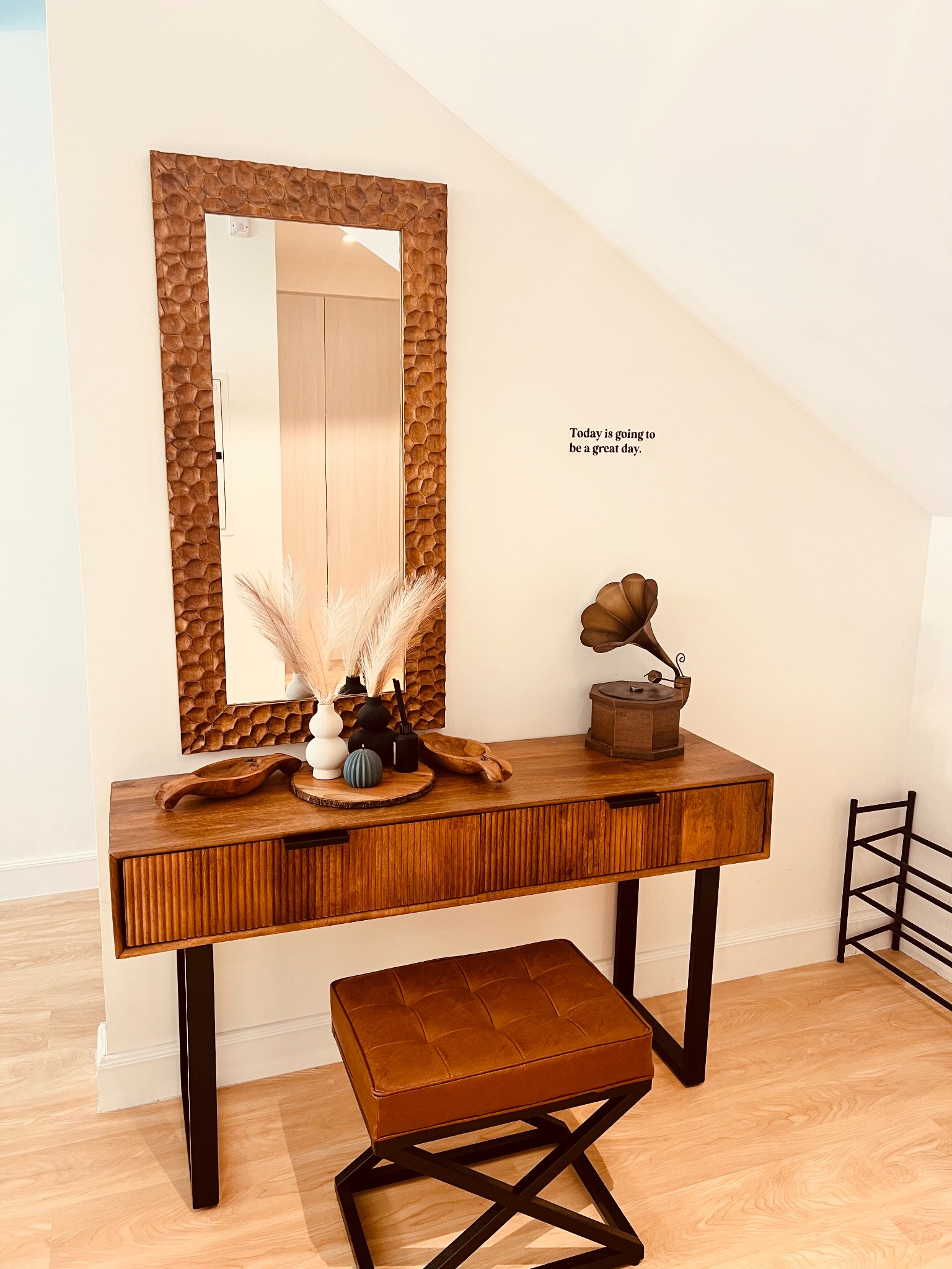 Wooden vanity and mirror detail inside the villa